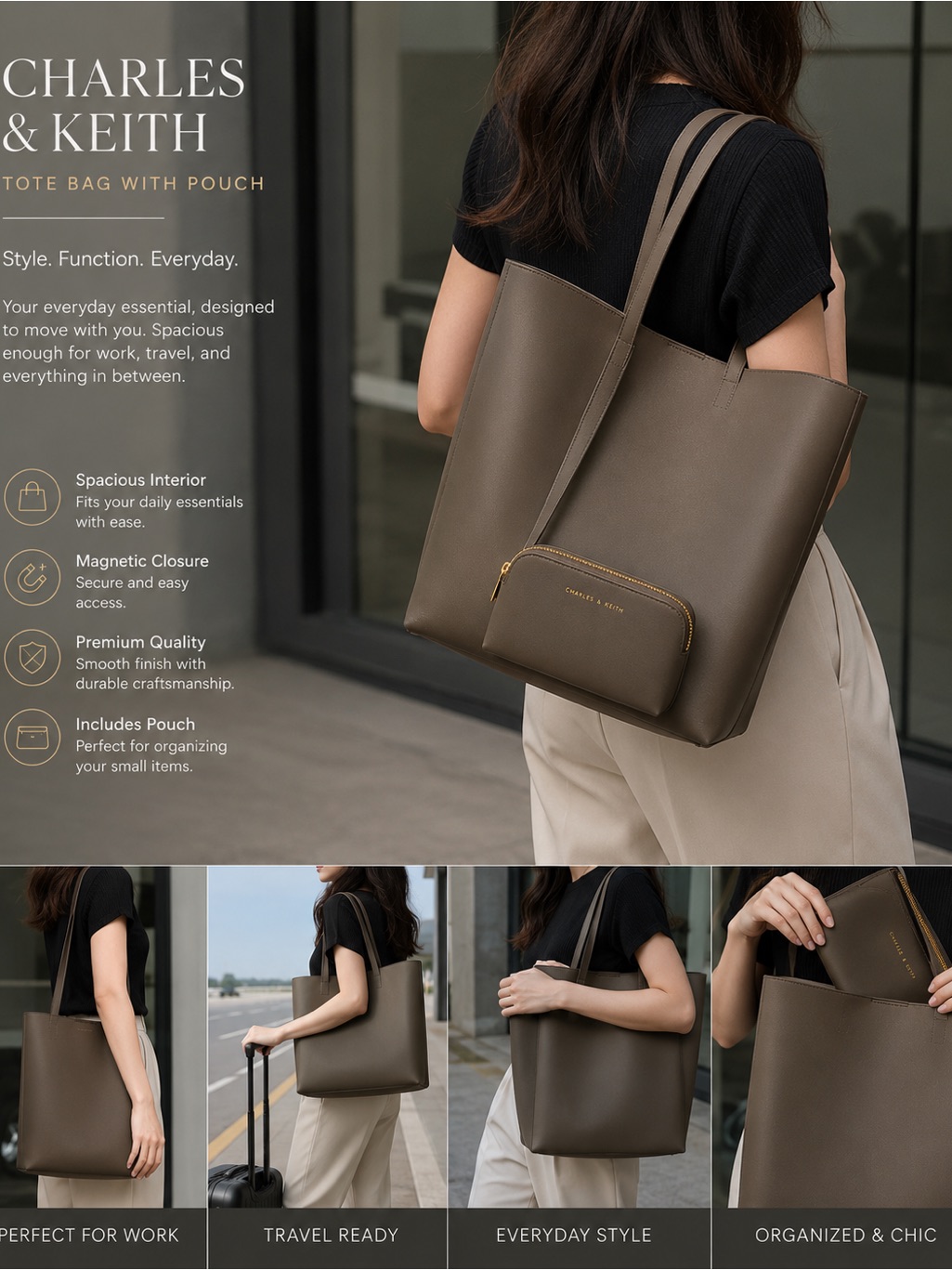 Charles & Keith Taupe Tote Bag With Matching Pouch